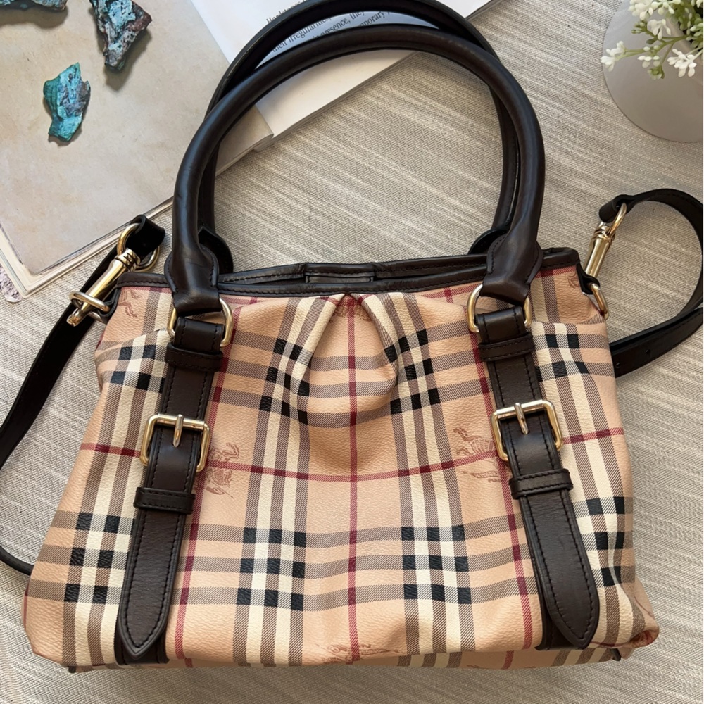 Burberry Beige Check Shoulder Bag with Dark Brown Leather Trim